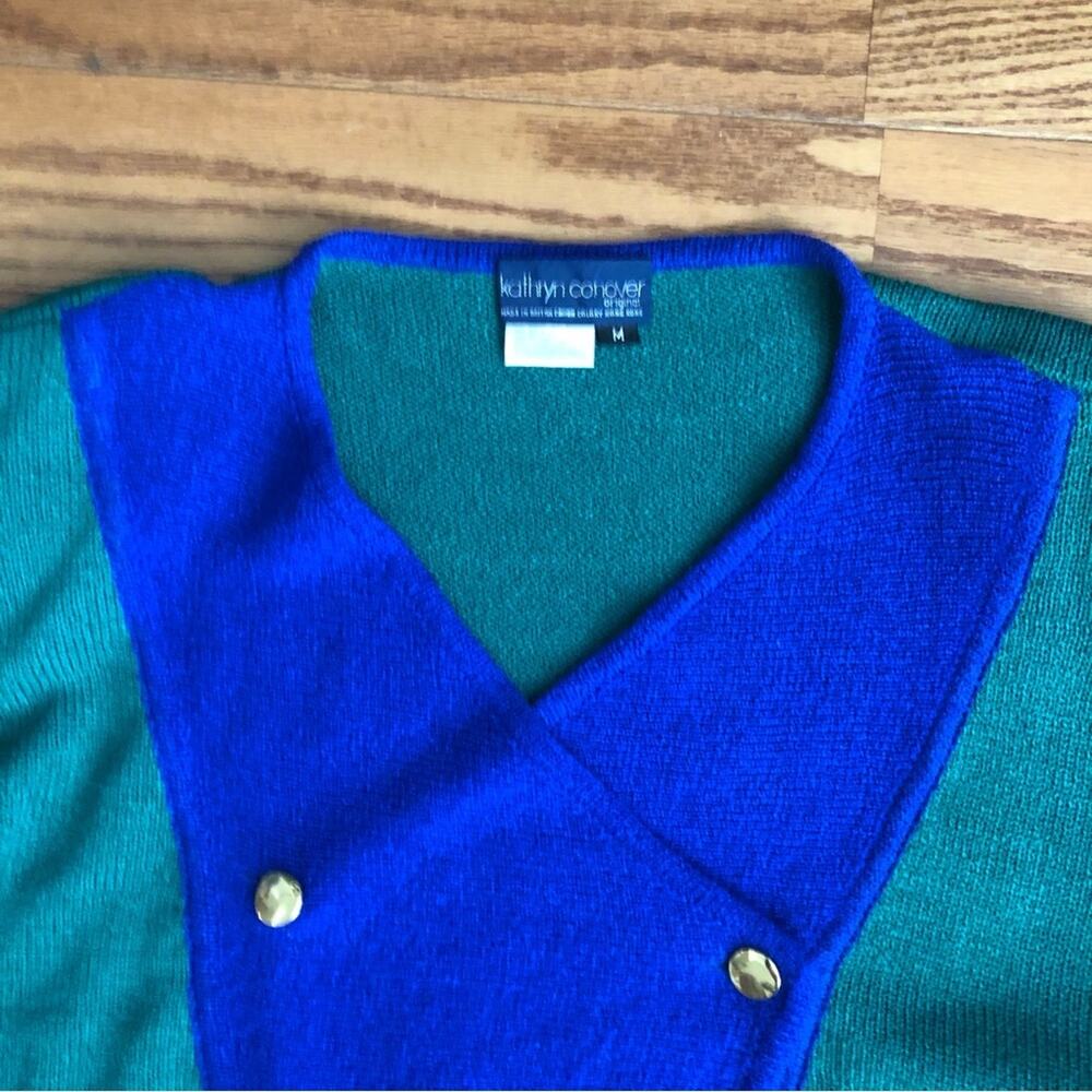 Kathryn Conover Sweater Top Puff Sleeves 80s Vintage Green Blue Women’s Size M - Picture 3 of 15